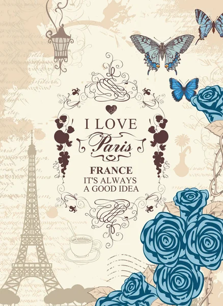 Vector Travel Banner Vintage Style Words Love Paris Famous French — Stock Vector