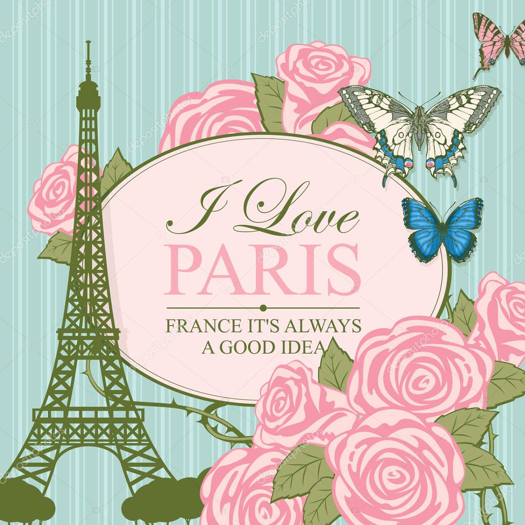Vector travel banner in vintage style with words I love Paris, with the famous french Eiffel Tower, butterflies and pink roses on the blue background