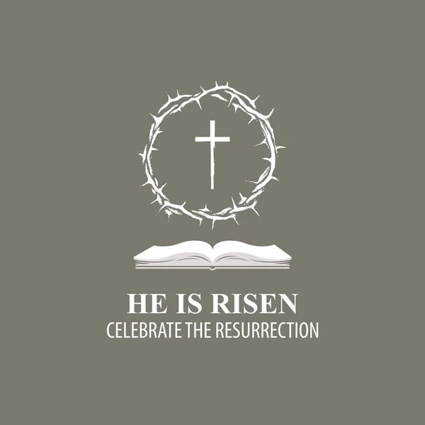 Vector Easter Banner Words Risen Celebrate Resurrection Crown Thorns Cross — Stock Vector