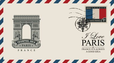 Vektör zarf veya kartpostal zafer takı, Fransız bayrak ve posta pulu ile Fransız bayrağı şeklinde posta damgası ile retro tarzı. Paris aşk yazıt