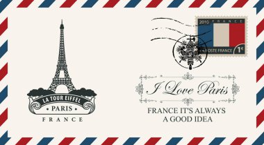 Vektör zarf veya kartpostal Eyfel Kulesi ile retro tarzında, Fransız bayrak ve posta pulu ile Fransız bayrağı şeklinde posta damgası. Paris aşk yazıt