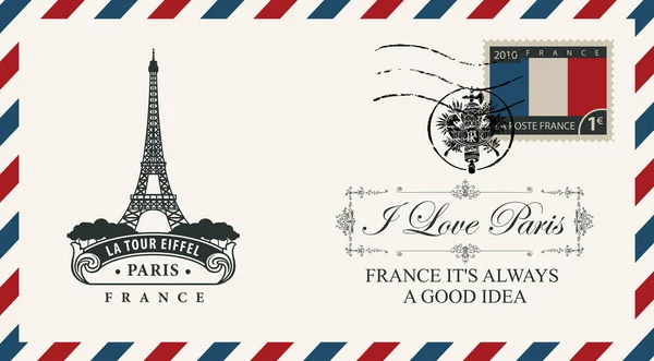 向量信封或明信片在复古样式与埃菲尔铁塔 邮戳在法国徽章的形式和邮票与法国旗子 我爱巴黎 — 图库矢量图片