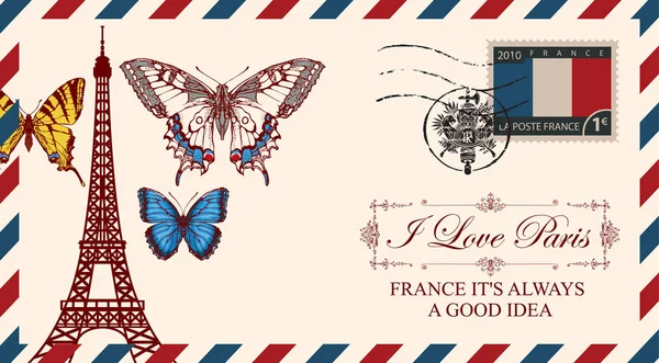 向量信封或明信片在复古样式与埃菲尔铁塔和蝴蝶 邮戳以法国徽章的形式和邮票与法国旗子 我爱巴黎 — 图库矢量图片