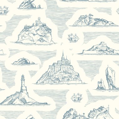 Vector abstract seamless background on the theme of travel, adventure and discovery. Old hand drawn map with islands, lighthouses and sailboats in retro style clipart