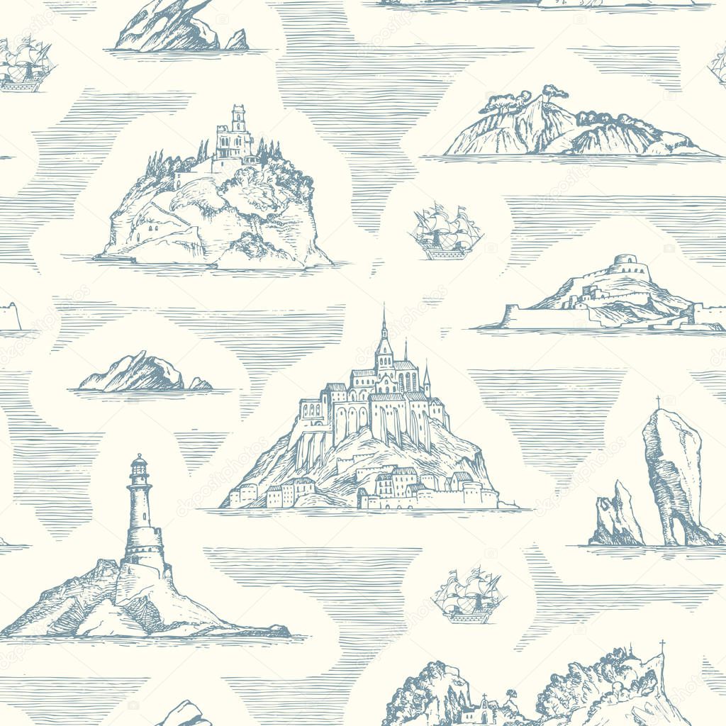 Vector abstract seamless background on the theme of travel, adventure and discovery. Old hand drawn map with islands, lighthouses and sailboats in retro style