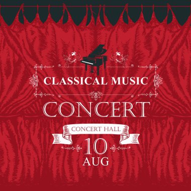 Bir konser ya da kırmızı sahne çizilmiş perdeli ve piyano vintage tarzı klasik müzik festivali için vektör poster