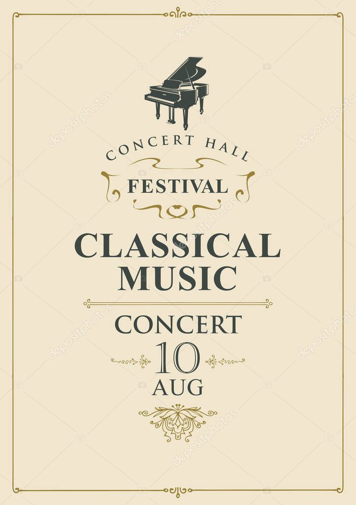 Vector poster for concert or festival of classical music in vintage style with grand piano