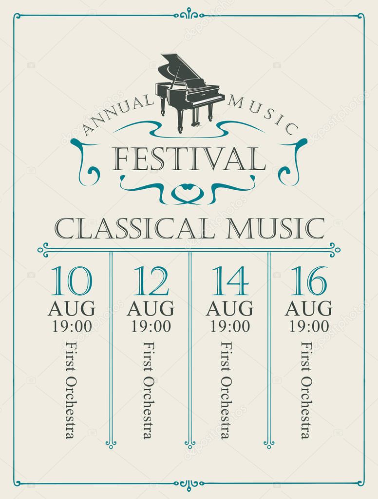 Vector poster for the annual festival of classical music with grand piano on the light background in vintage style