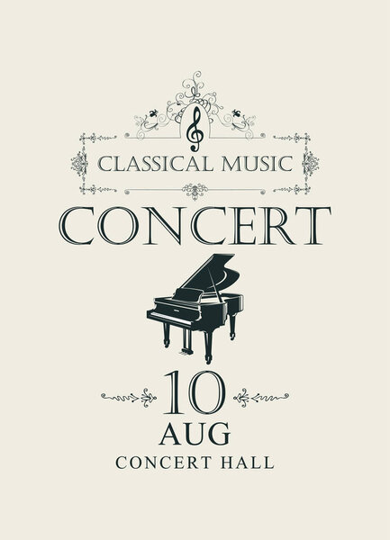 Vector poster for concert or festival of classical music in vintage style with grand piano