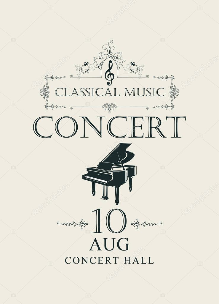 Vector poster for concert or festival of classical music in vintage style with grand piano