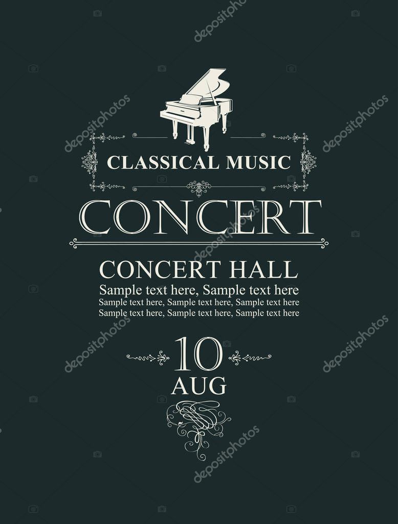 Vector poster for concert or festival of classical music in vintage style with grand piano on the black background