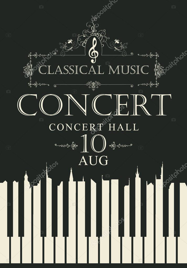 Vector poster for a concert of classical music with piano keys and treble clef in retro style on black background. White keys in the form of silhouettes of roofs of old houses