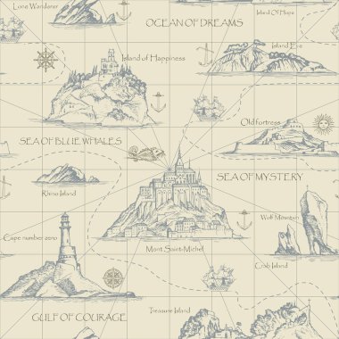 Vektör sorunsuz arka plan Tema seyahat, macera ve keşif. Eski el çizilmiş harita Adaları, fenerler ve retro tarzı Yelkenli