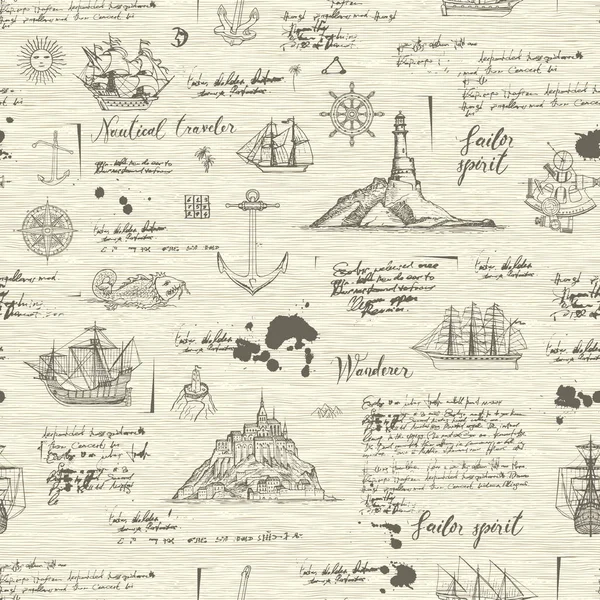 ベクトル旅行 冒険と発見をテーマに抽象的なシームレスな背景 ヨット ウィンド ローズ航海の記号と古い原稿は ビンテージ スタイルの汚れやしみ — ストックベクタ