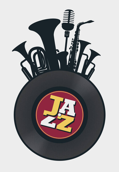 Vector poster on the theme of jazz music in retro style on white background with vinyl record, wind instruments, saxophone, microphone and inscription