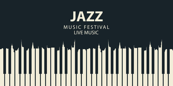 Vector banner or poster for a jazz festival of live music with piano keys in retro style on black background. White keys in the form of silhouettes of roofs of old houses
