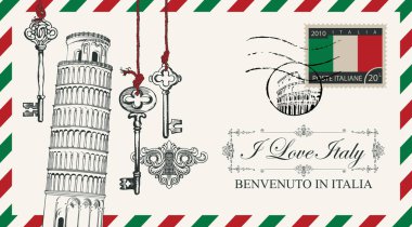 Vektör zarf veya kartpostal Pisa Kulesi ve eski anahtarları ile retro tarzında, Roma Kolezyum ve posta pulu ile İtalyan bayrağı şeklinde posta damgası. Kaligrafi yazıt İtalya aşk