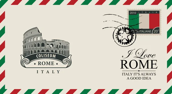 Vector Envelop Briefkaart Retro Stijl Met Roman Coliseum Postmark Postzegel — Stockvector