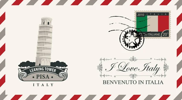 Vector Envelope Postcard Retro Style Leaning Tower Pisa Postmark Postage — Stock Vector