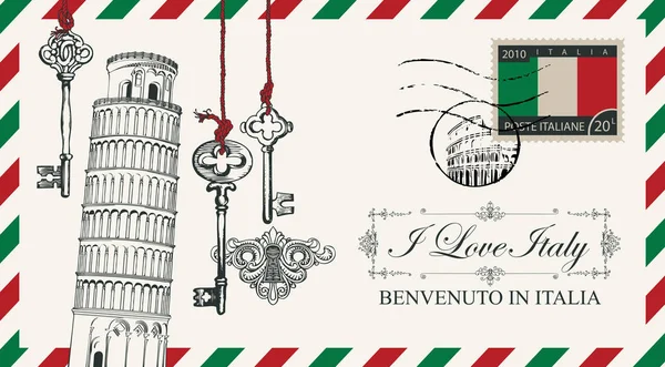 Sobre Vectorial Postal Estilo Retro Con Torre Inclinada Pisa Llaves — Archivo Imágenes Vectoriales