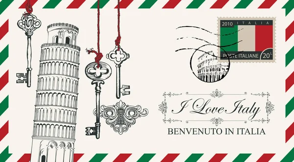 Vector Envelope Postcard Retro Style Leaning Tower Pisa Old Keys Royalty Free Stock Vectors