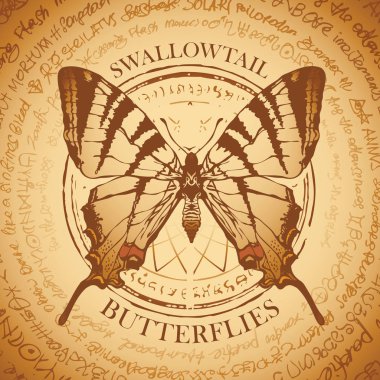Illustration of a Swallowtail machaon butterfly on the old abstract background with illegible inscriptions written in a circle. Vector banner in retro style in beige colors. clipart
