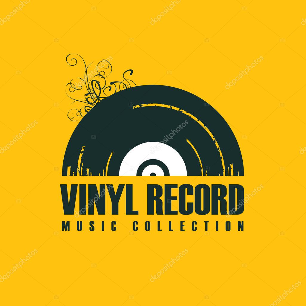 Vector music icon or logo with black vinyl record in retro style with words Vinyl record, Music collection on the yellow background