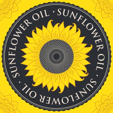 Kare vektör banner için kontur çizimlerle siyah ve sarı bir arka plan üzerinde yuvarlak bir çerçeve içinde yazıtlı ayçiçeği ile ayçiçek yağı