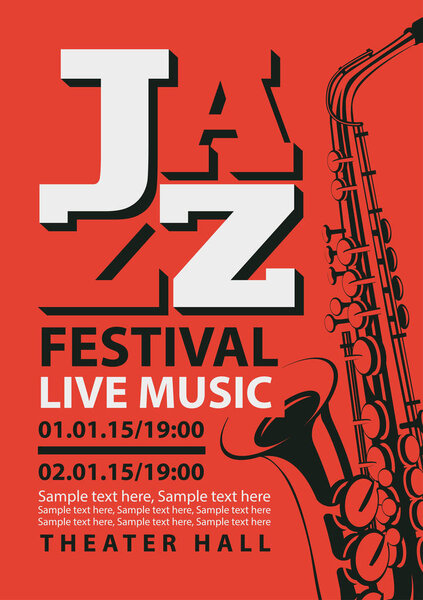 Vector poster for a jazz festival of live music with a saxophone and place for text in retro style on red background