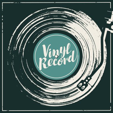 Vektör müzik posterdeki şeklinde veya eski vinil kayıt, kayıt oyuncu ve retro tarzı kaligrafi yazı yıpranmış siyah kapak