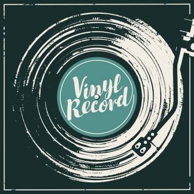 Vector music poster in form of or worn black cover with old vinyl record, record player and calligraphic lettering in retro style clipart