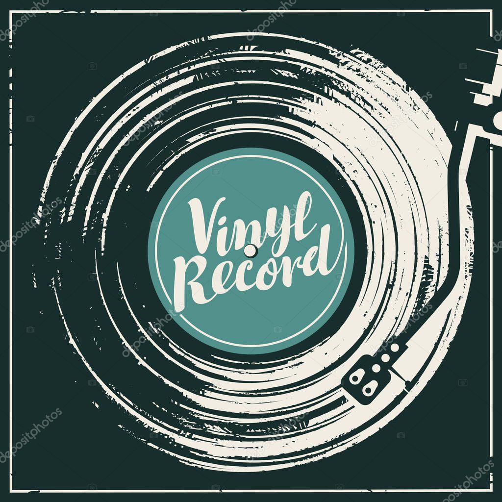 Vector music poster in form of or worn black cover with old vinyl record, record player and calligraphic lettering in retro style