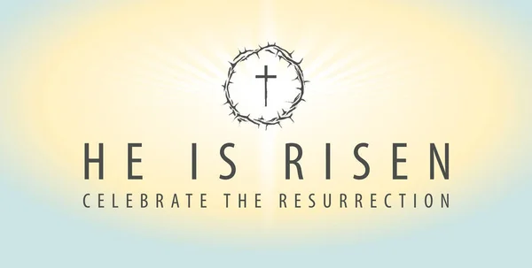 Vector Easter Banner Words Risen Celebrate Resurrection Shining Cross Crown — Stock Vector