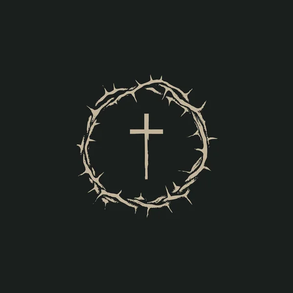Bannière Pâques Vectorielle Avec Couronne Épines Croix Sur Fond Noir — Image vectorielle