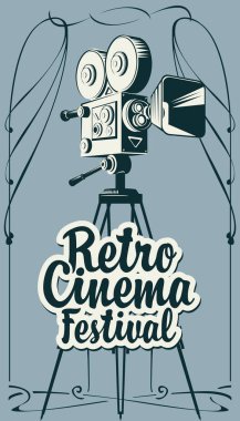Vektör poster ile eski moda film kamera tripod vintage tarzı üzerinde retro Sinema Festivali için. Afiş, poster, web sayfası, arka plan, el ilanı için kullanılabilir.