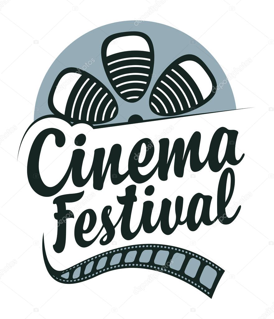 Vector icon for cinema festival with old film strip reel and calligraphic inscription. Retro movie banner, can be used for poster, flyer, billboard, web page, background, ticket