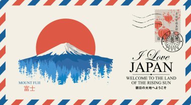 Vector postal envelope depicting the mountain Fujiyama with a postage stamp and postmark with chrysanthemum flowers. Japanese hieroglyphs Mount Fuji, Japan post, Welcome to the land of the rising sun clipart