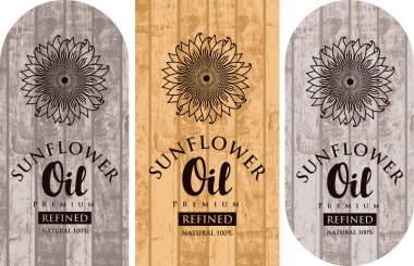 Rafine ayçiçek yağı ayçiçeği ve ahşap arka plan üzerinde yazıtlar için üç vektör etiket ayarla