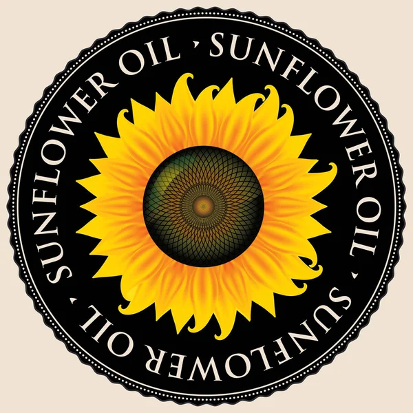 Vektör afiş veya siyah yuvarlak çerçevede yazılı etiket sarı ayçiçeği ile ayçiçek yağı