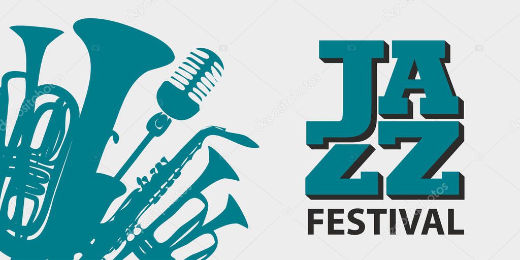 Vector music poster for a jazz festival in retro style on light background with wind instruments, saxophone, microphone and inscription