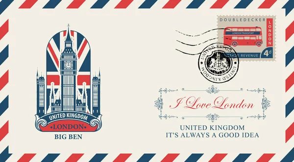 Vector Postal Sobre Con Big Ben Londres Bandera Del Reino — Vector de stock