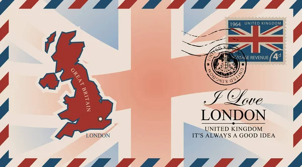 Vektor Postkarte Oder Umschlag Mit Karte Von Großbritannien Flagge Und — Stockvektor