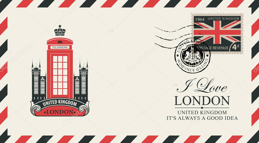 Vector postcard or envelope with the famous London telephone booth and inscriptions. Retro postcard with postmark in form of royal coat of arms and postage stamp with flag of United Kingdom