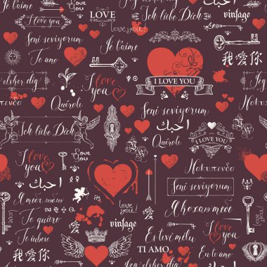 Vektör sorunsuz arka plan kırmızı kalpler, anahtarlar, anahtar delikleri, tanrılarının ve aşk Tema letterings ile. Retro tarzı aşk beyanları farklı dillerde yazılmış el ile arka plan.