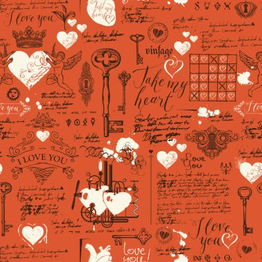 Vektör sorunsuz arka plan tema aşk Bildirgesi ve Sevgililer günü retro tarzı. Kırmızı kalpler, anahtarlar, anahtar delikleri, tanrılarının ve el yazısı yazıtlar ile arka plan.