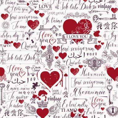 Vektör sorunsuz arka plan kırmızı kalpler, anahtarlar, anahtar delikleri, tanrılarının ve aşk Tema letterings ile. Retro tarzı aşk beyanları farklı dillerde yazılmış el ile arka plan.