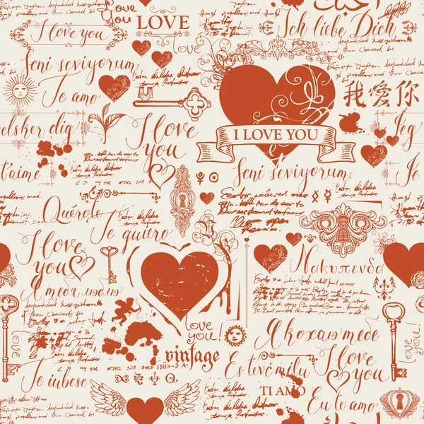ベクトル心 愛のテーマ題字とシームレスな背景 異なる言語および古い原稿手書きの愛の宣言でレトロなスタイルで抽象的な背景 — ストックベクタ