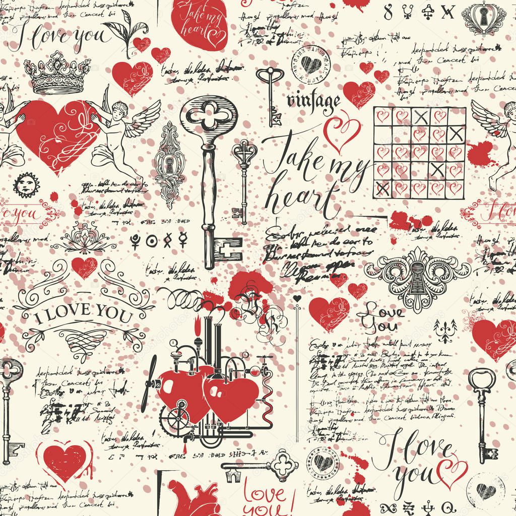 Vector seamless background on the theme of Declaration of love and Valentine's day in retro style. Abstract background with red hearts, keys, keyholes, cupids and handwritten inscriptions.