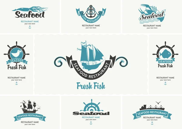 Uppsättning Vektor Visitkort Med Logotyper Temat Fisk Och Skaldjur Retrostil — Stock vektor