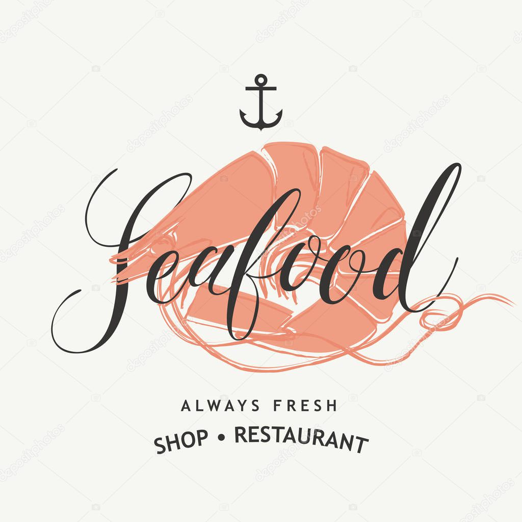Vector seafood banner or menu for restaurant or shop with shrimp and handwritten inscription in retro style